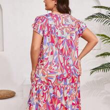 Womens Plus Size Dress Crew Neck Ruffle Sleeve Casual Swing Flowy Tiered Midi T Shirt Dresses With Pockets - Multicolor - View 2