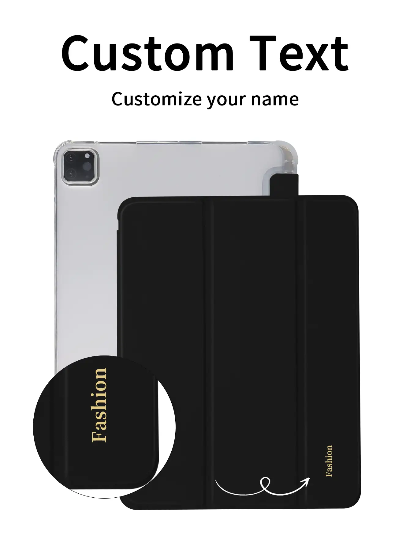 Customized Text Flat Tablet Case, Black Solid Color, Compatible With IPad Mini4/Mini5/Mini6/Mini7, Compatible With IPad A16 2025, Air 11 13 M2 M3 Pro 11 13 M4 2024, Air 4 5 10th 10.9, Pro 11 9th 8th 7th 10.2 4th 5th 6th Model A8, Customized Text, Tri-Fold Stand, Built-In Pencil Slot, Soft Edge Full Coverage, Simple Casual Classic TPU Soft Shell Compatible With IPad Flip Tablet Case. Note: The Final Font Style Is Subject To The Physical Picture, And There May Be Slight Color Differences.,Cute Phone Cases, Personalized - Black - View 3