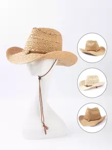 1pc Solid Color Boho Laser Cutout Rhinestone Decor UV Protection Western Cowboy Woven Straw Hat, Panama Straw Brimmed Hat, Unisex Fashion Casual Commuter, For All Seasons