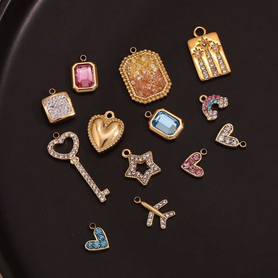1 件简约独特配饰 14k 镀金不锈钢微镶嵌彩色水钻心形几何吊坠女士