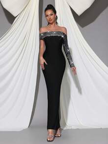 Modphy New Sexy Regular Shoulder One Shoulder Long Sleeve Heavily Embellished Luxurious Rhinestone Bodycon Maxi Bandage Dress, Elegant For Wedding, Holiday, Birthday Party, Christmas, Women's Formal Evening Gown