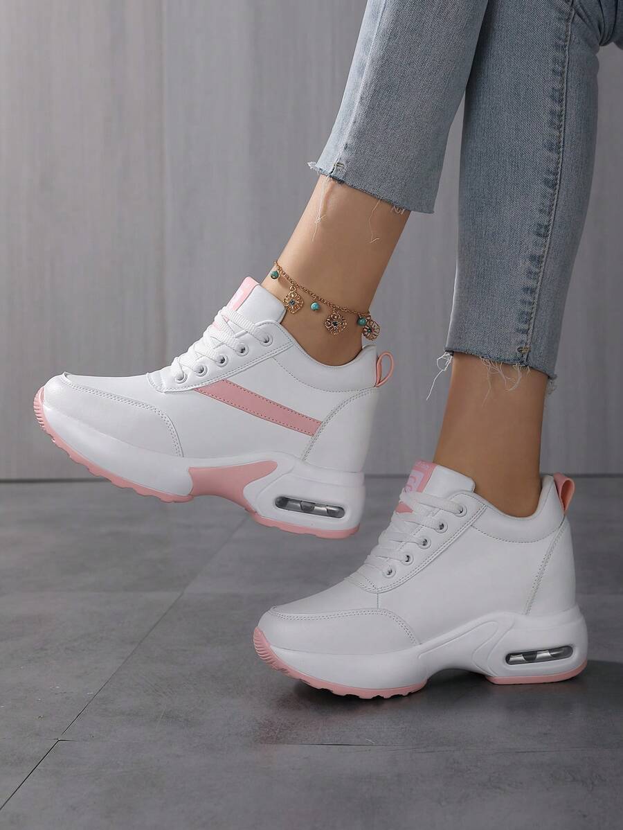 Women's Platform Sneakers With Air Cushion, Lace-Up Casual Walking Shoes, Height Increased Fashion Outdoor Sneakers - White Powder - View 1