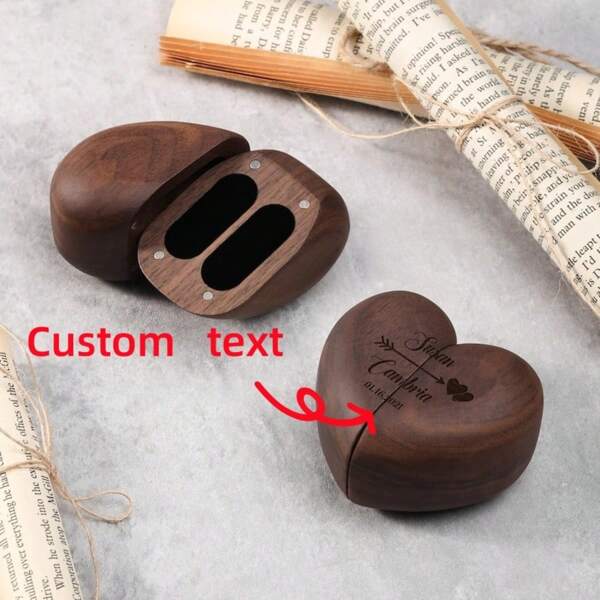 Custom Heart Ring Box, Proposal Ring Box, Double Slot Wedding Ring Box, Walnut Ring Boxes, Wood Ring Bearer, Gifts For Couples