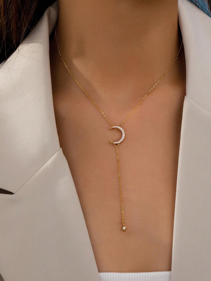 1 Pc Zirconia Moon Star Necklace Minimalist Y Chain Necklaces Jewelry For Women Middle East Star Moon Jewelry