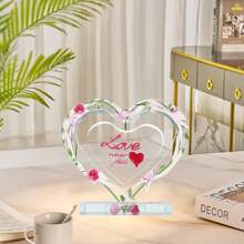 1pc Personalized Acrylic Desktop Decor, Transparent Hollow Heart & Floral Pattern, Customizable Text, Unique Commemorative Gift, Desk Decoration, For Lovers, Family, Friends
