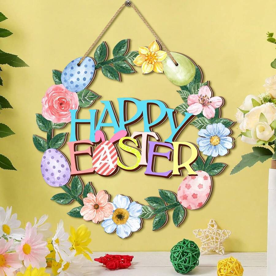 1 件复活节快乐木牌门牌复活节彩蛋壁挂标志花环装饰适用于春季复活节室内户外家庭农舍门廊装饰，质朴的木质前门标志复活节花朵春季悬挂木质标志复活节主题派对装饰