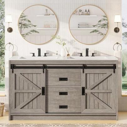 Merluxy Double Bathroom Vanity 60 Inch With Sink Combo, Farmhouse Freestanding Cabinet With Sliding Barn Doors, Ample Storage Drawers, And Durable Metal Handles