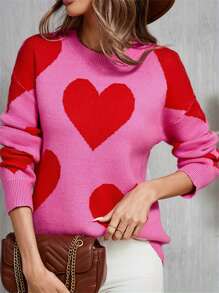 Women's Cute Heart Print Sweaters Long Sleeve Round Neck Loose Pullover Spring Fall Tops - Pink - View 7