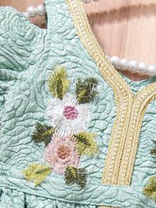 复古宫廷刺绣花卉公主裙，复古V领连衣裙配手提包，儿童高贵优雅套装 | 亲子摄影和宴会场合必备，打造艺术仙气，适合4-7岁儿童春夏穿着 - 藍色 - 查看 5