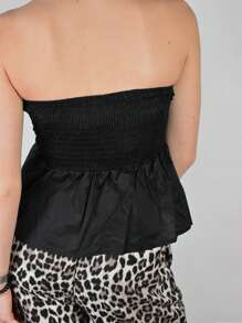 Women's Summer Slim Tube Tops Solid Color Bandeau Ruched Low Cut Peplum Tops For Party - Black - View 7