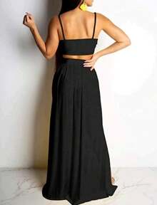 Beach Cover-Up Long Skirt With Slit And Elastic Waistband - 黑色 - 查看 2
