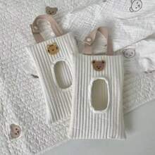 Estilo coreano: Organiza de pañuelos de papel con bordado de dibujos animados de animales, bolsa portátil con asa para toallitas húmedas de coche, soporte para caja de pañuelos, soporte para servilletas, ideal para reunión familiar, decoración de mesa de cocina, hogar, dormitorio, sala de estar y comedor. Accesorio decorativo, caja decorativa, regalo de boda para mujer, imprescindible para viajes de verano y festivales. - Beis - Ver 4