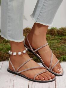 Rounded Toe PU Leather Sandals With Multi-Strap Rhinestone Decoration, Women's Casual Flat Slip-On Slippers, Suitable For Home, Leisure, Daily Wear And Beach Holiday