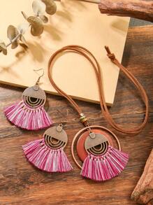 TopHanqi 3 件复古风格扇形几何流苏耳环项链套装，PU 皮革长项链，适合日常佩戴、派对、节日礼物