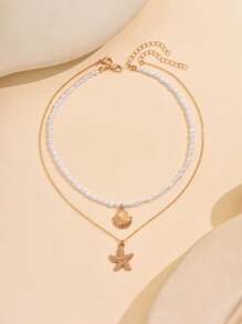 2 件/套手工仿珍珠海星贝壳金属吊坠项链和颈链，串珠首饰套装，适合日常、海滩、节日派对佩戴 - 貝殼+海星 - 查看 2