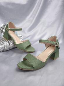 Plus Size Women's High Heel Sandals, Comfortable PU Non-Slip Thick Heel Slingback With Buckle Strap, Classic Floral Pattern Open Toe, Suitable For Travel, Vacation, Outing, Party. Heel Height: 5CM - Green - View 7