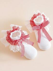 1双棉质儿童蕾丝格子蝴蝶结荷叶边舞蹈公主时尚百搭派对袜 - 白色 - 查看 5