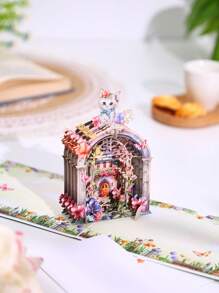 1 Pop-Up Greeting Card, Cute Cat Window Flowers, Fantasy Purple Window, Suitable For Valentine's Day, Mother's Day, Birthday, Anniversary. Surprise Gift For Friends, Gift For Lovers, Gift For Girlfriend, Gift For Mother, Birthday Card