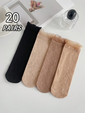 10/20 双女士长筒袜，纯色蕾丝长筒袜