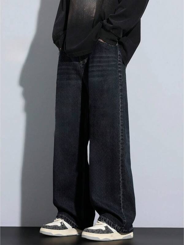 Calça jeans casual solta com bigodes de gato para adolescentes, design de perna reta, estilo universitário, calças largas para adolescentes e crianças mais velhas