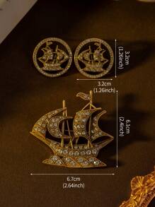 A Vintage Inlaid Sailboat Gold Brooch; A Pair Of Vintage Round Sailboat Gold Earrings Suitable For Women To Wear Daily On Valentine's Day,Mom,Mother,Mother's Day,Gift - Brooch - View 3