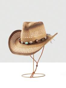 1 pieza Sombrero de paja tipo Panamá casual y bohemio con bloques de color, protección UV y a prueba de viento, versátil para hombres y mujeres, para todas las estaciones