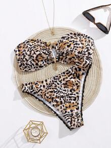 女士性感前卫豹纹金属装饰吊带泳衣（无肩带）比基尼，修身款，百搭女士泳衣，两件套，适合外出、海滩、度假、音乐节、海洋派对