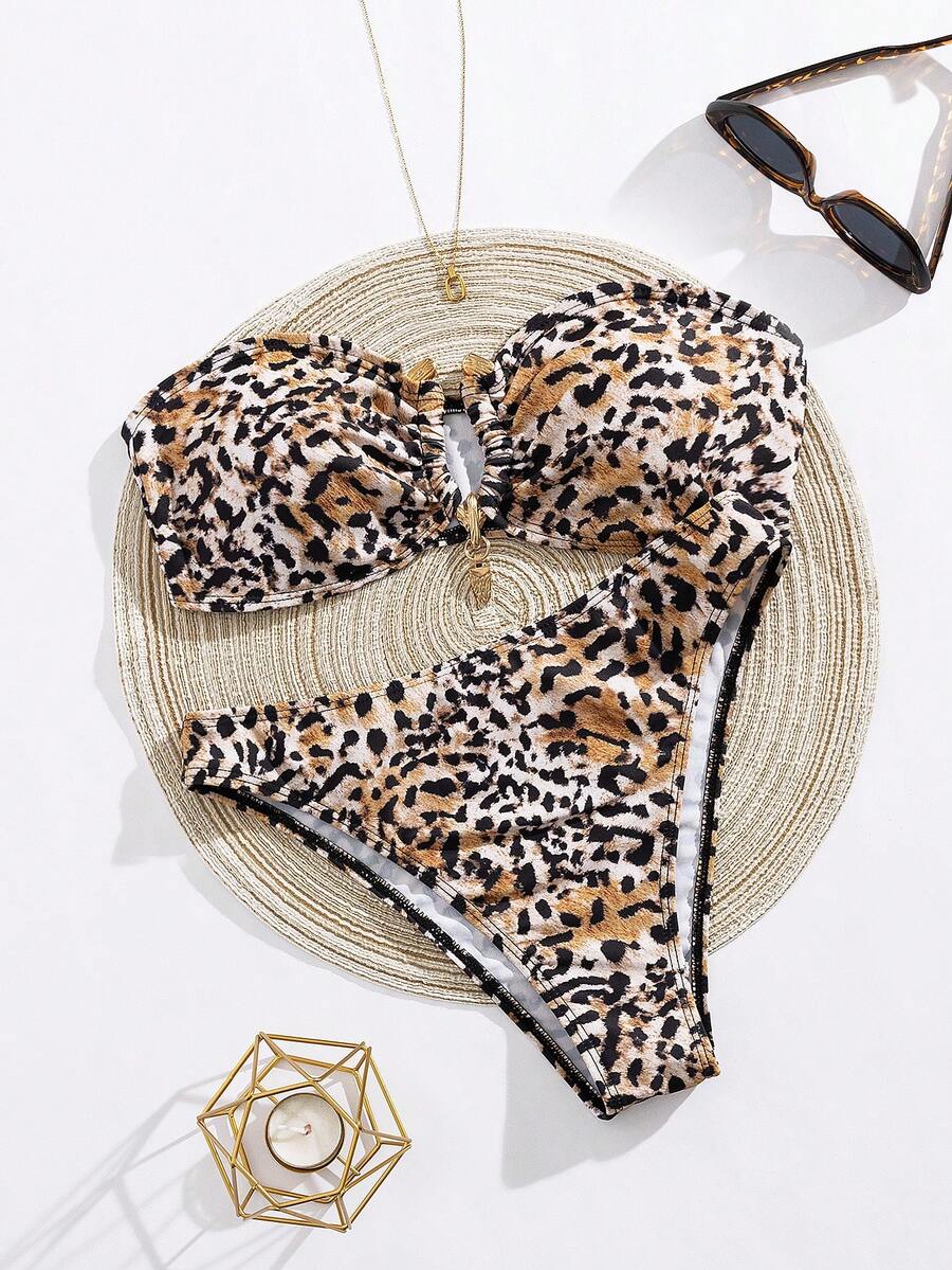 女士性感前卫豹纹金属装饰吊带泳衣（无肩带）比基尼，修身款，百搭女士泳衣，两件套，适合外出、海滩、度假、音乐节、海洋派对