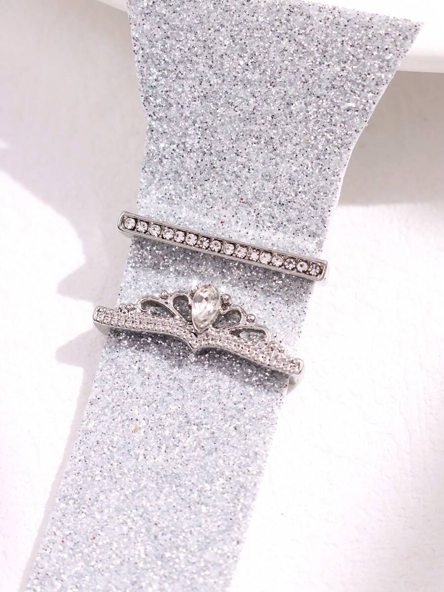 2pcs Minimalist Luxurious Versatile Unique Elegant Intricate Silver & Rose Gold Tone Crown Decor With Rhinestone Jewelry Set, Accessory