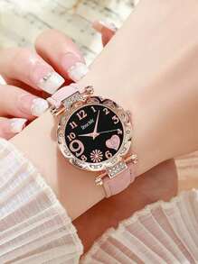 6 Stück/Set Quarz Sternenhimmel Zifferblatt Uhr mit PU Lederarmband und Seil mit schwarzen Perlen Liebe Armband, schwarze geometrische quadratische Figur, Blatt 5-teiliges Set, geeignet für den täglichen Lässig-Stil, einfach und elegant, die beste Wahl für Halloween, Weihnachten, Valentinstag, Muttertag, Urlaubsgeschenke