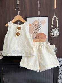 bearleader 2pcs Young Girl Elegant Beige Embroidered Sleeveless Top And Shorts Set With Lace Trim For Summer - Apricot - View 2