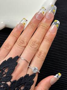 Paquete de 10 piezas Puntas de uñas transparentes con diseños florales pintados a mano en forma de ataúd francés, uñas postizas de cobertura completa brillantes DIY