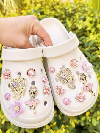 16 件/套金色蝴蝶和粉色芭蕾花鞋饰，适用于沙滩鞋/花园鞋，可拆卸