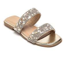 Sandalias deslizantes con incrustaciones de rhinestone y plantilla ergonómica, aptas para uso casual - Dorado - Ver 2
