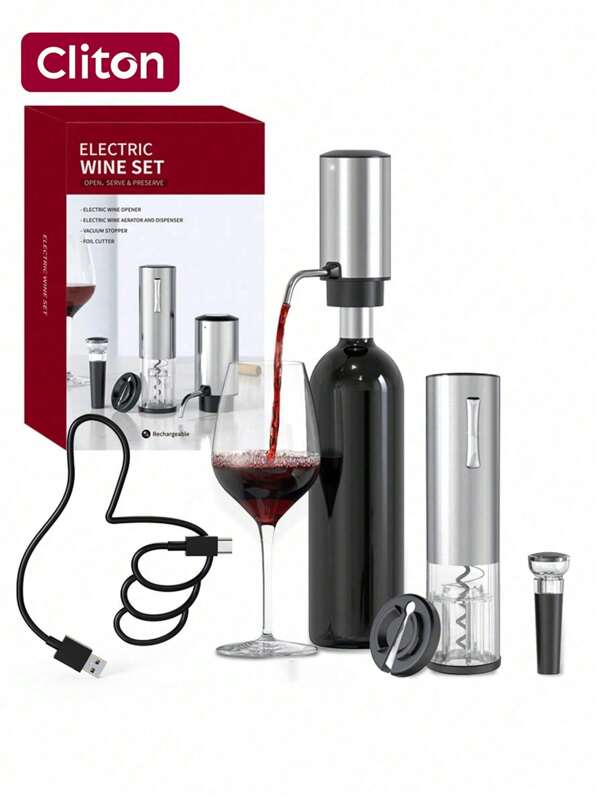 CLITON Set d'ouvre-bouteille électrique, cadeau de vin avec aérateur électrique rechargeable, bouchons sous vide et coupe-capsule, ouvre-bouteille électrique 4-en-1 pour la maison, les fêtes, les bars et l'extérieur, aérateur électrique pour vin, décanteur et distributeur de vin portable à simple pression, oxydateur de vin multifonction automatique rechargeable USB, en acier inoxydable