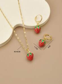 3pcs Set Red 3D Strawberry Stainless Steel Delicate Luxurious Women Necklace & Earrings - Yellow Gold - View 10