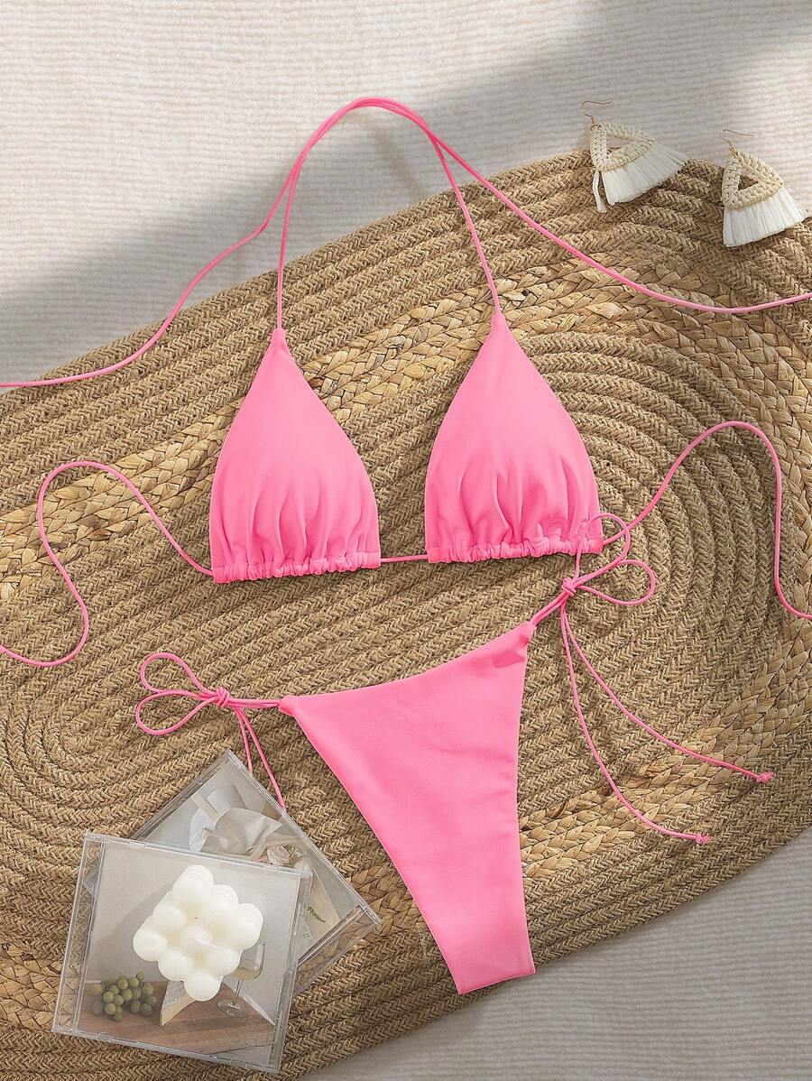 Bộ bikini dự tiệc PEPPERMOLLY mới, màu trơn mềm mại, dây mảnh, kiểu đan chéo, hở lưng, thích hợp cho mùa hè đi biển, dành cho nữ, màu đen và hồng. - Hồng - Xem 1