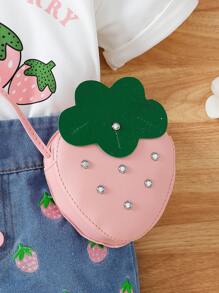 Young Girl Fashion Casual Cute Strawberry Print T-Shirt And Embroidered Denim Shorts Set With Bag - Baby Pink - View 5