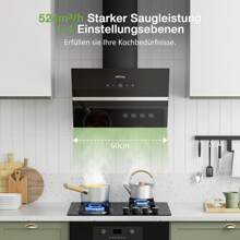 Cooker Hood 60 cm, IsEasy Recirculation Cooker Hood with 578 m³/h Strong Suction Power, 4 Settings Levels, Exhaust Mode, 1-9 min Delay Shut-Off Function, Min 35dB, Black, Efficiency A++ [Energy Class A++]