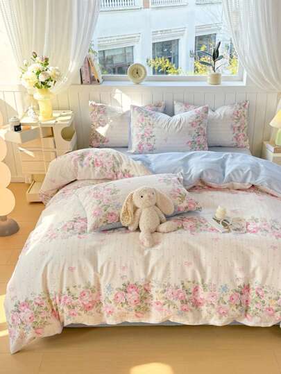 3 件套羽绒被套 100% 纯棉（1 个羽绒被套 + 2 个枕套，无填充物），柔软舒适，优雅花卉图案套，适用于家庭卧室单人床、双人床、单人床、大床、四季现代生活床上用品套装