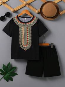 2pcs/Set Boys' Printed Short Sleeve T-Shirt And Shorts Set, Summer Vacation Casual Outfit For Toddler And Big Kids - Black - View 1