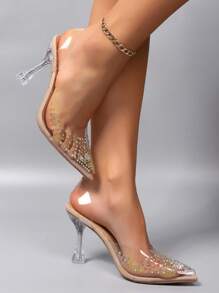 Women's Fashionable Crystal Embellished Transparent High Heel Sandals, Sexy Thin Heel Summer Open Toe Slippers With Back Strap - Apricot - View 5