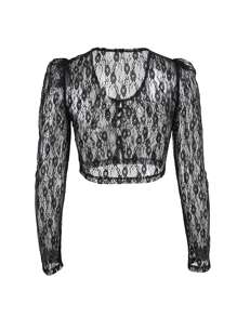 Sweet Girl Floral Lace See Through Cardigan Shirt Women Long Sleeve V Neck Slim Crop Top Beach Club Single Breasted Blouse - 黑色 - 查看 6