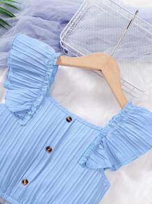 Tween Girl 2pcs/Set 8-11 Years Old Cap Sleeve Top And Asymmetrical Ruffle Hem Skirt Suit, Children Summer Outfit