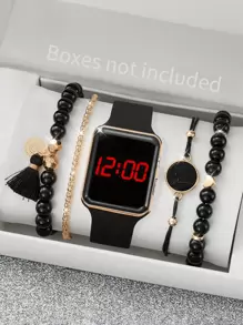 1 件优雅可爱的女士数字手表方形时尚电子手表女士精致 4 件手链套装节日圣诞节礼物感恩节返校旅行一切 - 彩色 - 查看 4
