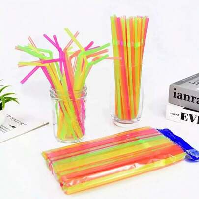 100pcs/500pcs/1000pcs Popotes Flexibles Neon Fluorescentes Brillan Luz Negra UV Pajitas Desechables Fiesta Bar Coctel Evento Fiesta Neón Bebidas Decoradas Pajitas de plastico Locas Pajillas Mojito Margarita Evento para Jugo Refresco Soda