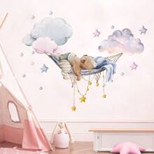 BR1206Q Schattige slapende beer in wolken zelfklevende muursticker, geschikt voor het decoreren van woonkamer, slaapkamer en bank, zelfklevende muursticker, lentedecoratie om uw huis op te frissen, Rama muurdecoratie sticker