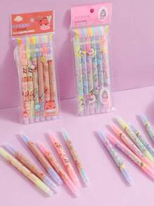 6pcs Cartoon Unicorn, Cat, Bear Fluorescent Highlighters, Dual-Tip Colored Pens For Student Drawing, Writing, Kids Gift