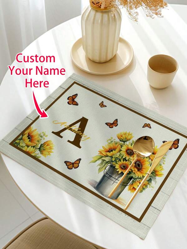 1pc Customized Sunflower Floral Table Mat With Butterfly & Text, Personalized Heatproof Kitchen/Dining Placemat For Home, Party, Celebration