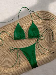Bộ bikini dự tiệc PEPPERMOLLY mới, màu trơn, dây mảnh, kiểu đan chéo, hở lưng, thích hợp cho mùa hè đi biển, dành cho nữ, màu đen, thích hợp cho kỳ nghỉ. - Màu xanh lá cây đậm - Xem 2